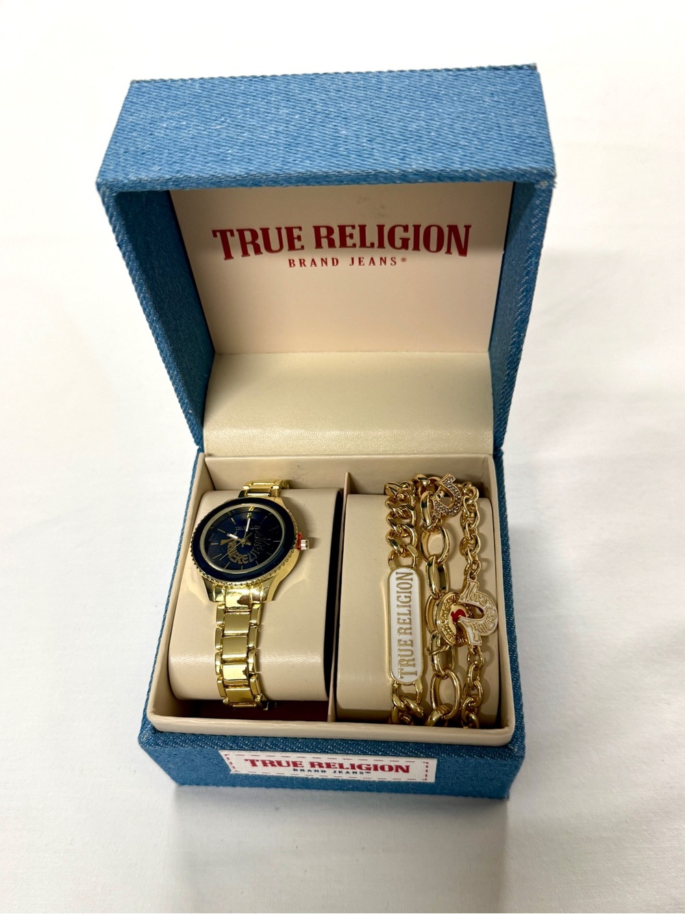 True Religion Gold Tone Watch with Navy Dial and Matching Gold Bracelet Set